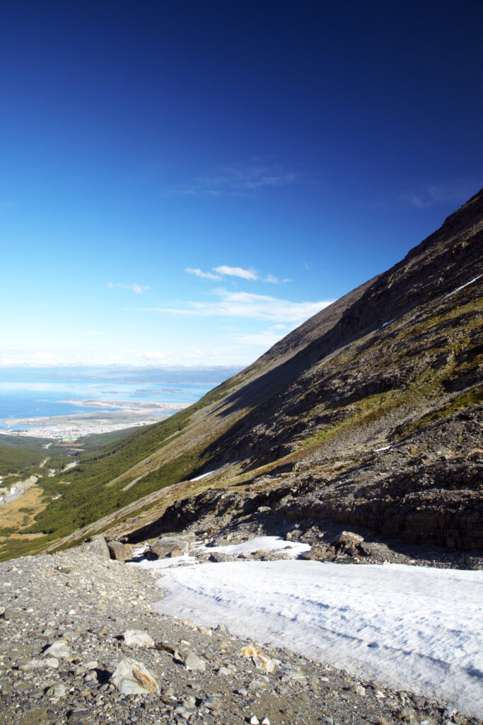 Argentina, Tierra Del Fuego, Ushuaia. The peaks and snow in a mountain valley near Ushuaia.