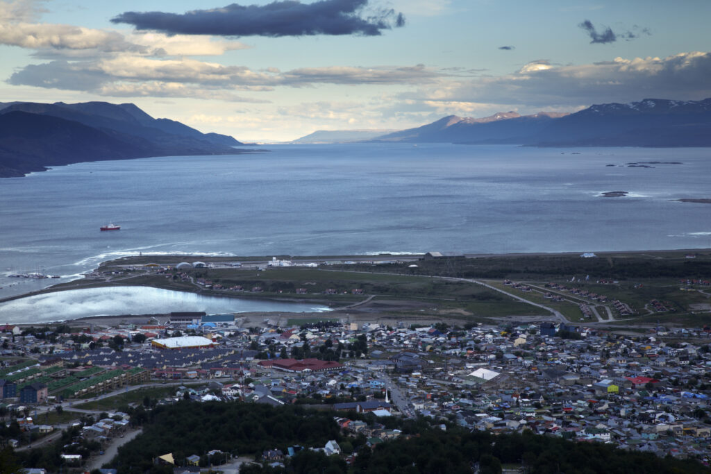Argentina, Tierra Del Fuego, Ushuaia. Ushuaia, the southernmost city in the world, viewed from a surrounding peak.