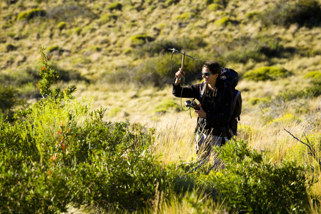 Argentina, The Lake District, Parque Nacional Nahuel Huapi. Female on sabbatical from work tracks deers in the national park.