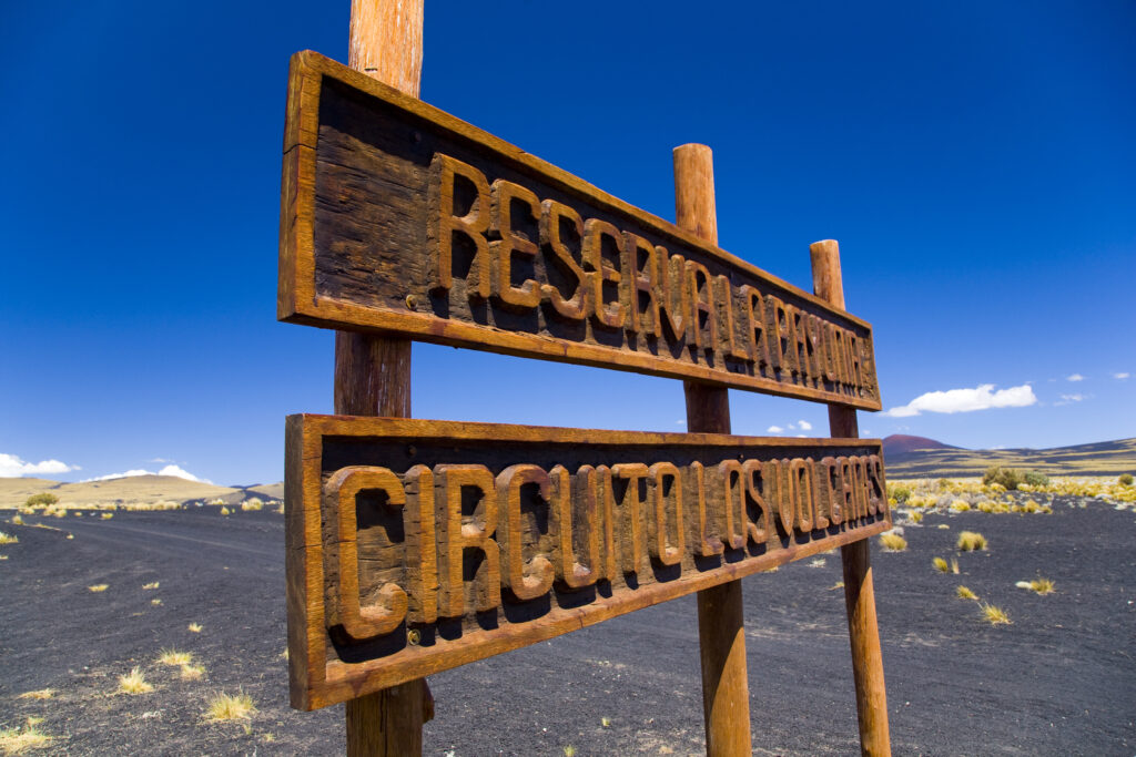 RF - Argentina, Mendoza, Parque Provincial Payunia. Sign marking the start of the circuit road through the reserve.