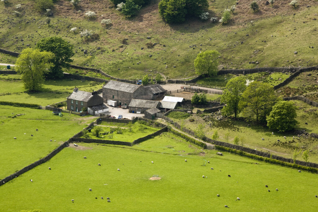 England, Cumbria, Lake District National Park. Farm and agricultural land in Eskdale, Western Lake District.