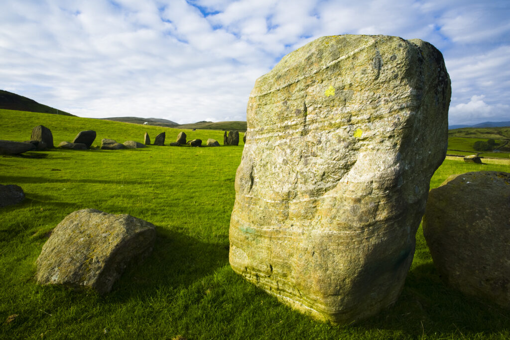 England, Cumbria, Swinside Stone Circle. The name of the Sunkenkirk stone circle, also known as Swinside, is derived from the ancient belief that the circle of stones are the remains of an ancient church (kirk) sunk into the ground by a strike from the Devil.