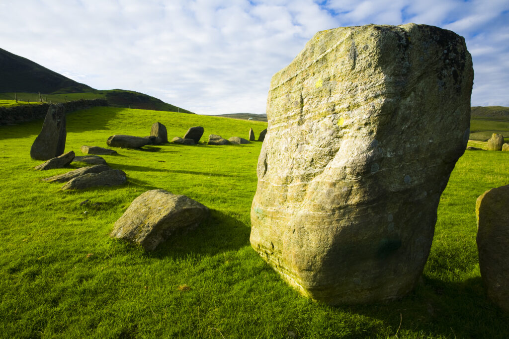 England, Cumbria, Swinside Stone Circle. The name of the Sunkenkirk stone circle, also known as Swinside, is derived from the ancient belief that the circle of stones are the remains of an ancient church (kirk) sunk into the ground by a strike from the Devil.