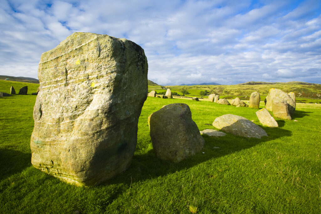 England, Cumbria, Swinside Stone Circle. The name of the Sunkenkirk stone circle, also known as Swinside, is derived from the ancient belief that the circle of stones are the remains of an ancient church (kirk) sunk into the ground by a strike from the Devil.