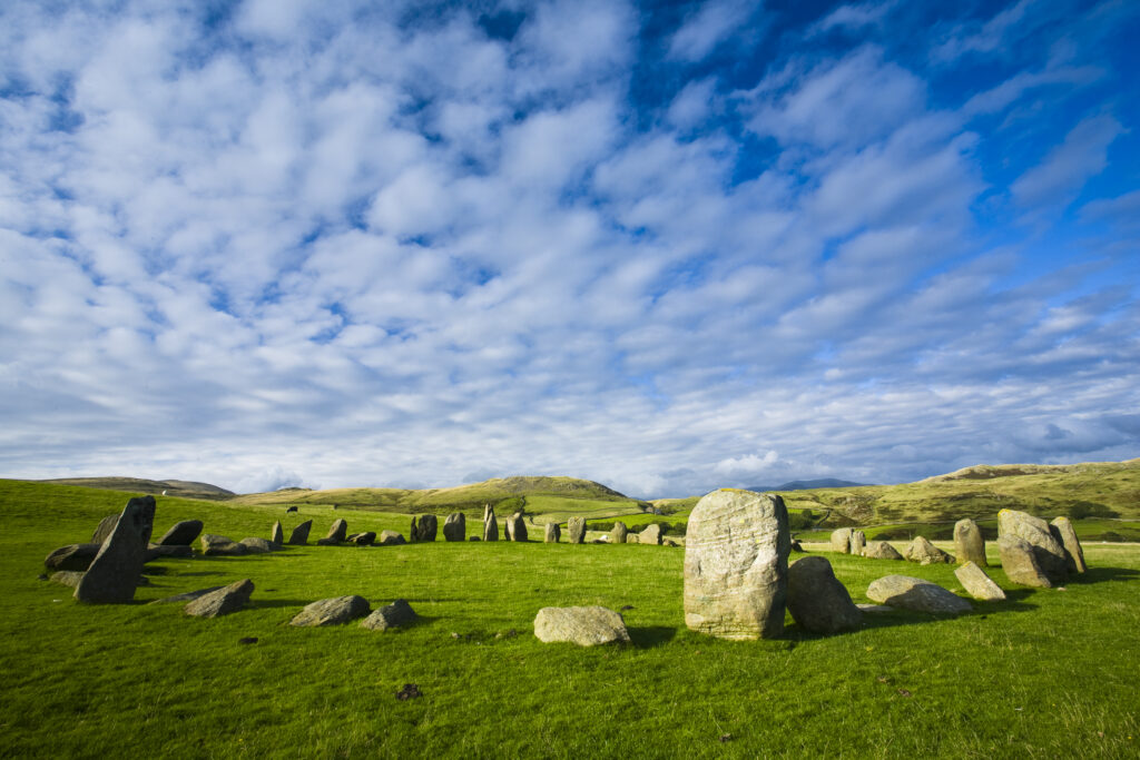 England, Cumbria, Swinside Stone Circle. The name of the Sunkenkirk stone circle, also known as Swinside, is derived from the ancient belief that the circle of stones are the remains of an ancient church (kirk) sunk into the ground by a strike from the Devil.