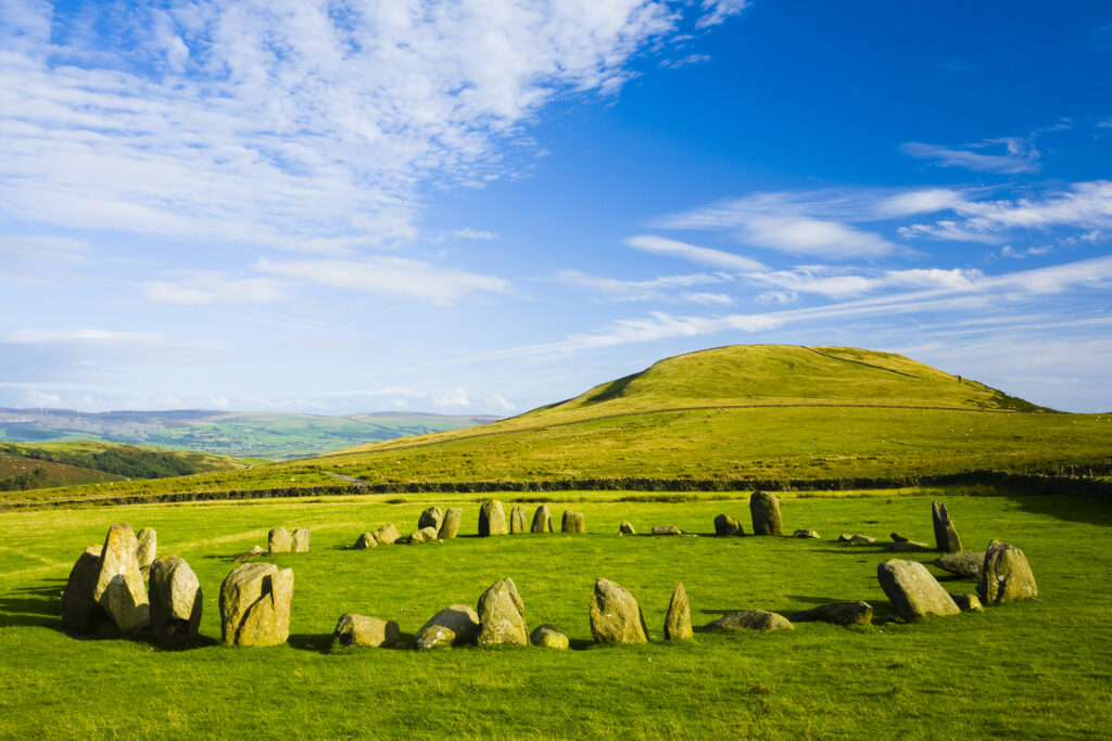 England, Cumbria, Swinside Stone Circle. The name of the Sunkenkirk stone circle, also known as Swinside, is derived from the ancient belief that the circle of stones are the remains of an ancient church (kirk) sunk into the ground by a strike from the Devil.