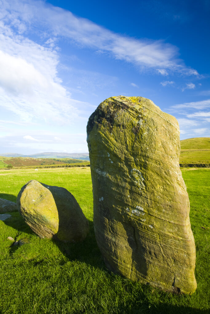 England, Cumbria, Swinside Stone Circle. The name of the Sunkenkirk stone circle, also known as Swinside, is derived from the ancient belief that the circle of stones are the remains of an ancient church (kirk) sunk into the ground by a strike from the Devil.