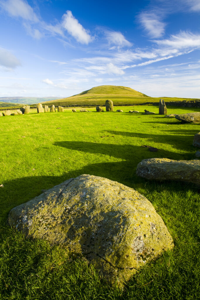 England, Cumbria, Swinside Stone Circle. The name of the Sunkenkirk stone circle, also known as Swinside, is derived from the ancient belief that the circle of stones are the remains of an ancient church (kirk) sunk into the ground by a strike from the Devil.