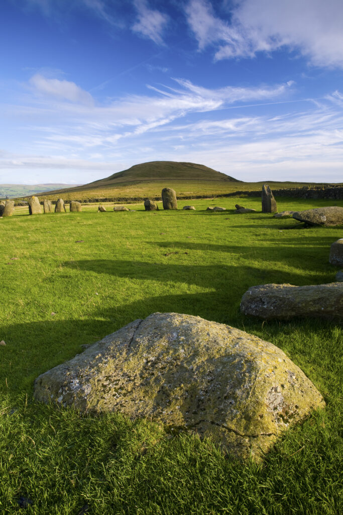 England, Cumbria, Swinside Stone Circle. The name of the Sunkenkirk stone circle, also known as Swinside, is derived from the ancient belief that the circle of stones are the remains of an ancient church (kirk) sunk into the ground by a strike from the Devil.