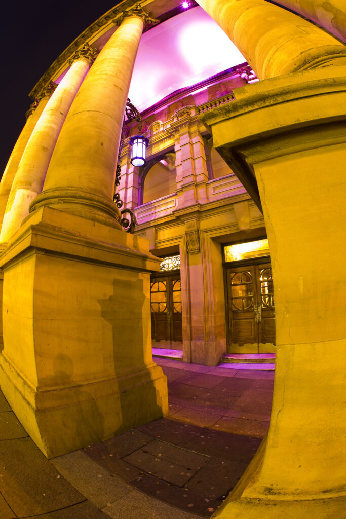 England, Tyne and Wear, Newcastle Upon Tyne. The Grade I listed Theatre Royal photographed at night. Opened in February 1837, the Theatre Royal dominates the heart of Newcastle’s Grainger Town.