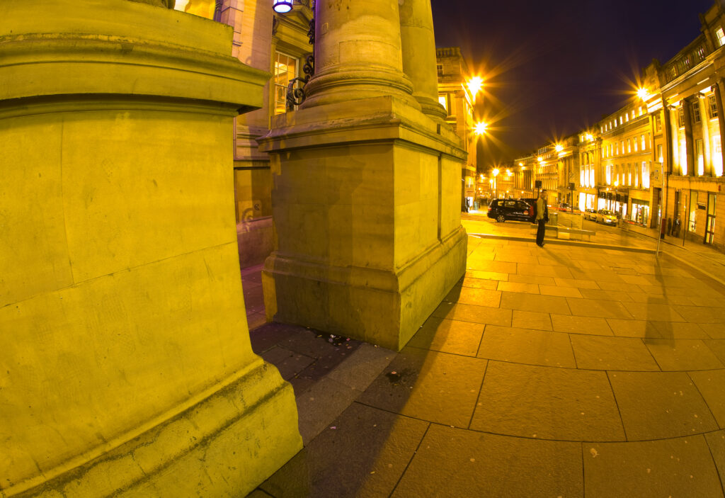 England, Tyne and Wear, Newcastle Upon Tyne. The Grade I listed Theatre Royal photographed at night. Opened in February 1837, the Theatre Royal dominates the heart of Newcastle’s Grainger Town.