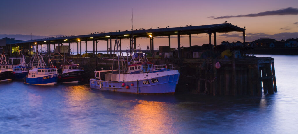 England, Tyne and Wear, North Shields. Dawn at the North Shields Fish Quay near the mouth of the River Tyne.
