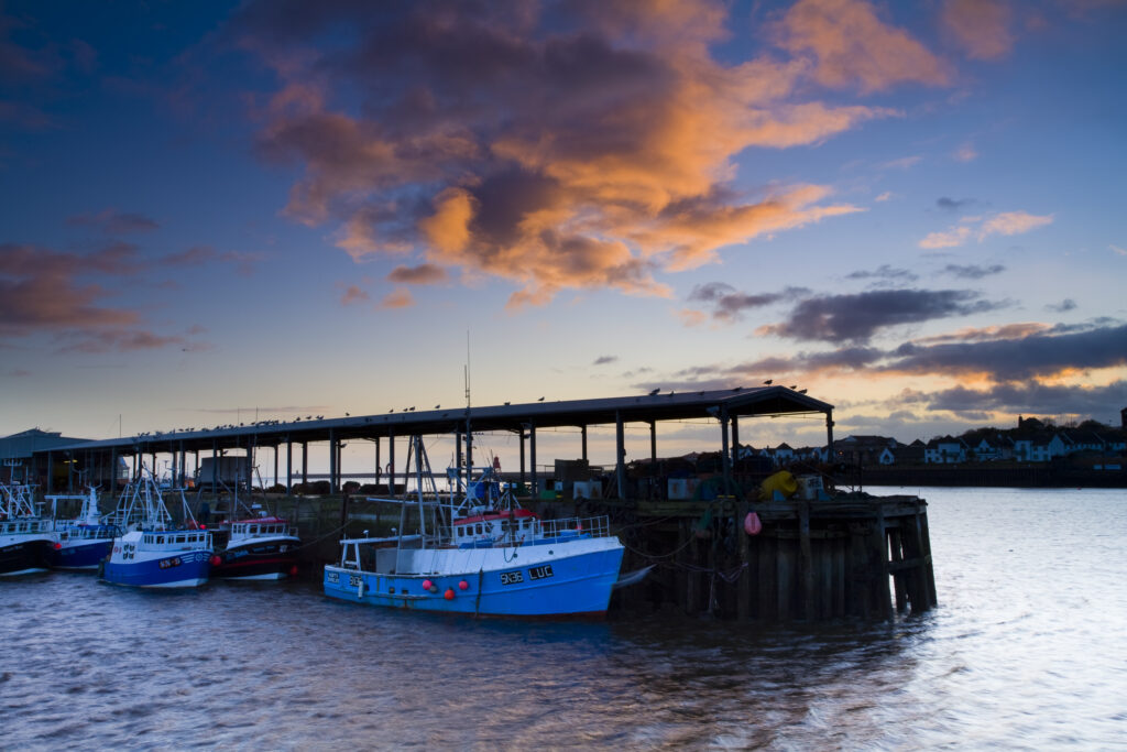 England, Tyne and Wear, North Shields. Dawn at the North Shields Fish Quay near the mouth of the River Tyne.