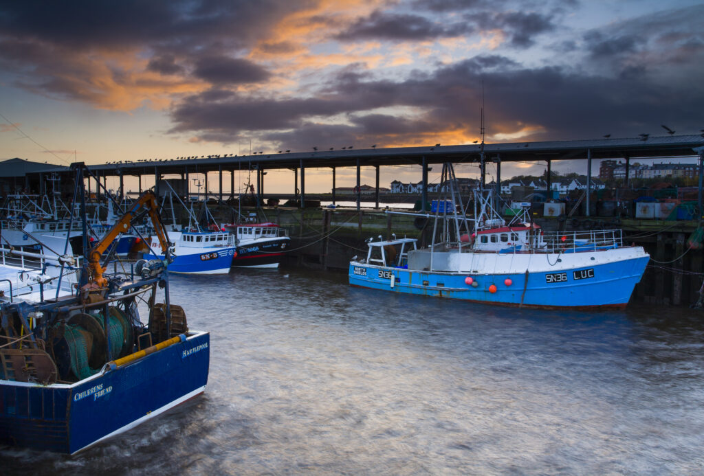 Dawn at the North Shields Fish Quay near the mouth of the River Tyne.