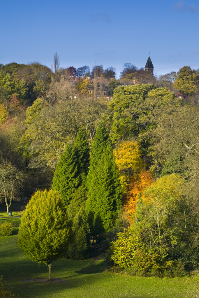 England, Tyne & Wear, Newcastle Upon Tyne. View looking from the Armstrong Bridge towards Jesmond Dene.