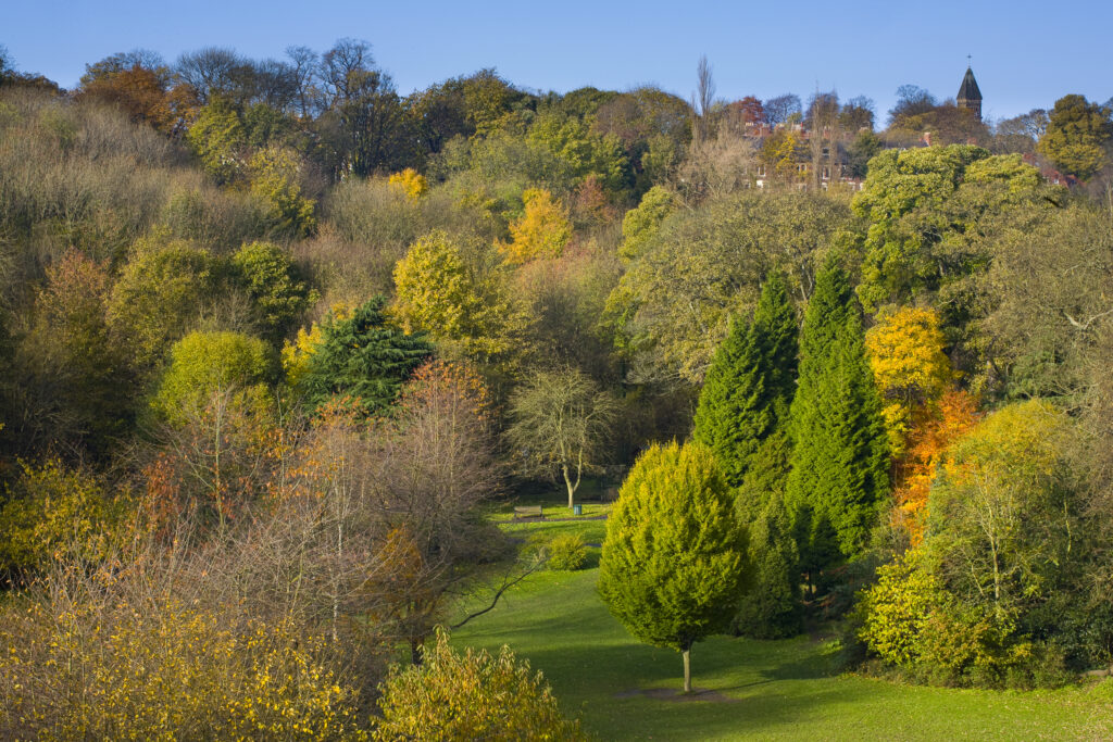 England, Tyne & Wear, Newcastle Upon Tyne. View looking from the Armstrong Bridge towards Jesmond Dene.