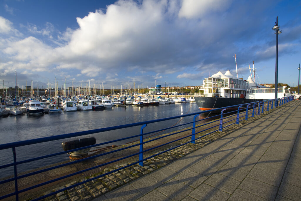 England, Tyne & Wear, Royal Quays. The Earl of Zetland was once a ferry working in the Sheltland Isles. Now it is a floating bar and restaurant moored in the Albert Edward Dock at the Royal Quays Marina in North Tyneside.