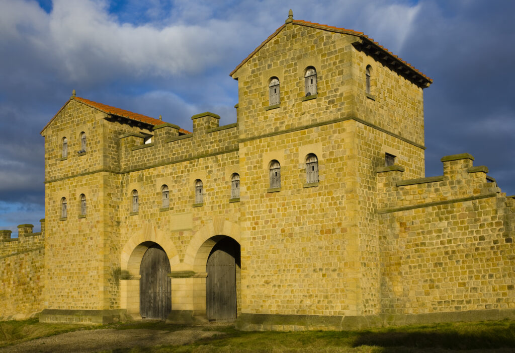 England, Tyne & Wear, South Shields. Reconstruction of the main gate at the Arbeia Roman Fort in South Shields.