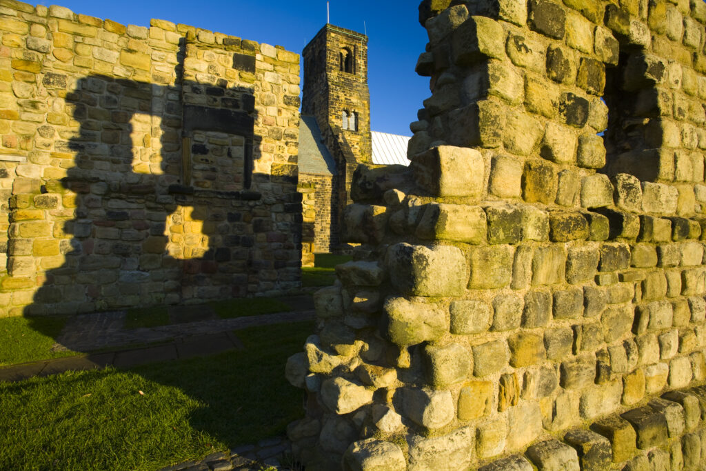 Early morning view of the St Paul's Monastery in Jarrow with the St Paul's church in the distance.