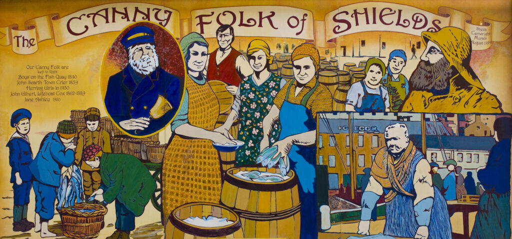England, Tyne & Wear, North Shields. Painting on a building in North Shields depicting characters from the history of North Shields.
