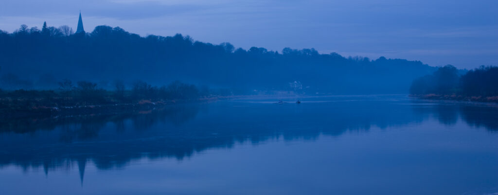 England, Tyne & Wear, Newburn. Mist lingers on the River Tyne near Newburn.