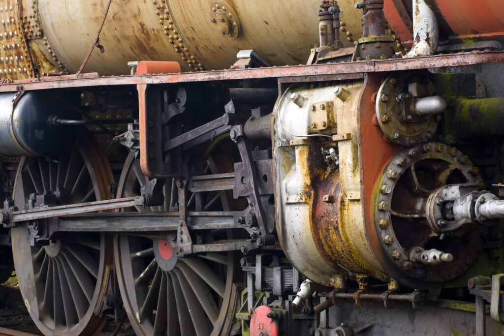 England, Tyne & Wear, West Chirton. Details of a steam engine train in need of restoration at the Stephenson Railway Museum in West Chirton.