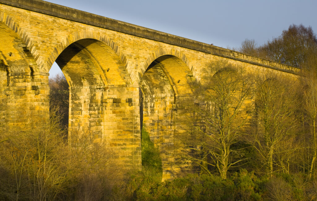 England, Tyne & Wear, Derwent Walk Country Park. The impressive Nine Arches Viaduct spanning the River Derwent in the Derwent Walk Country Park.