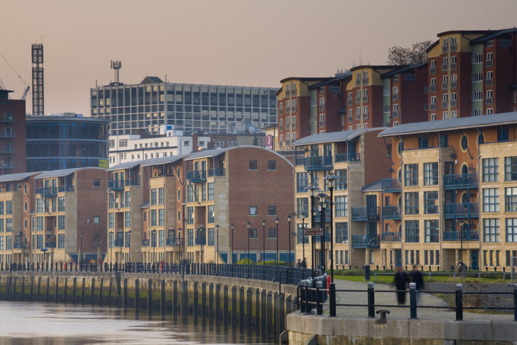 England, Tyne and Wear, Newcastle Upon Tyne. Modern apartments continue to appear along the Tyne with the ongoing development of the region.