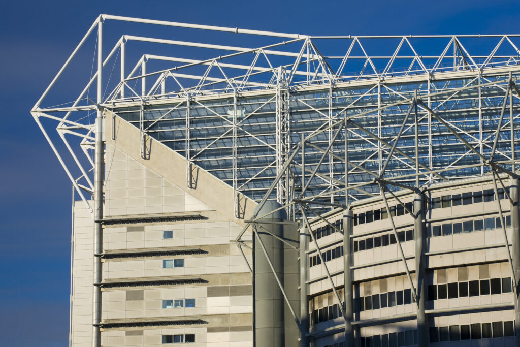England, Tyne and Wear, Newcastle Upon Tyne. St James's Park, home to Newcastle United FC. The cantilever roof pictured here is among one of the largest to be found in Europe.