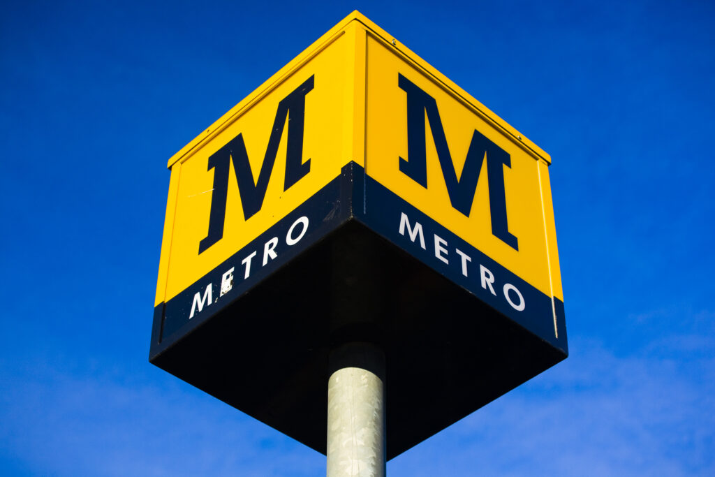 England, Tyne and Wear, Newcastle Upon Tyne. Metro station sign near St James's Park, home to Newcastle United FC.