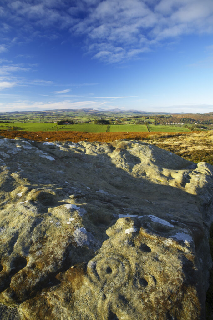 England, Northumberland, Northumberland National Park. Pre-historic cup and ring marks / rock art on a stone at Lordenshaw near the Lordenshaw Hill Fort
