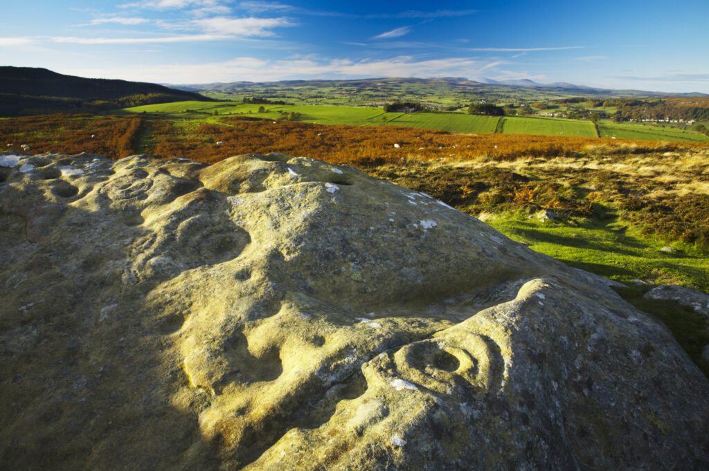 England, Northumberland, Northumberland National Park. Pre-historic cup and ring marks / rock art on a stone at Lordenshaw near the Lordenshaw Hill Fort