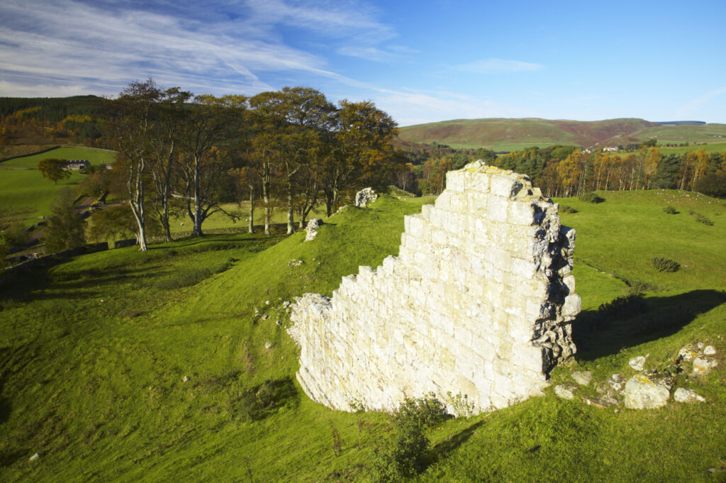 England, Northumberland, Northumberland National Park. The remains of Harbottle Castle in Coquetdale
