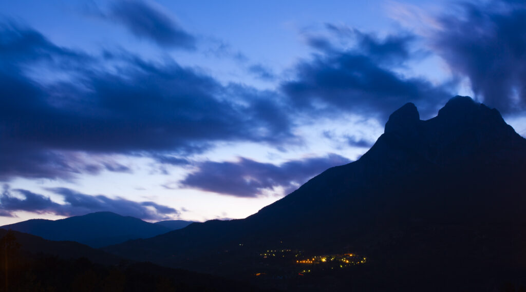 Spain, Catalonia, Pyrenees, Pedraforca. Saldes in the shadow of the Pedraforca Mountain in the heart of the Cadí-Moixeró Natural Park.