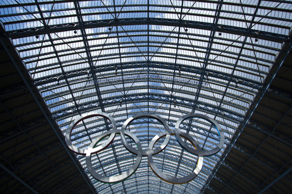 England, Greater London, London Borough of Camden. Olympic sign celebrating the 2012 London Olympics on display in the London St Pancras Internationa railway station near King's Cross.