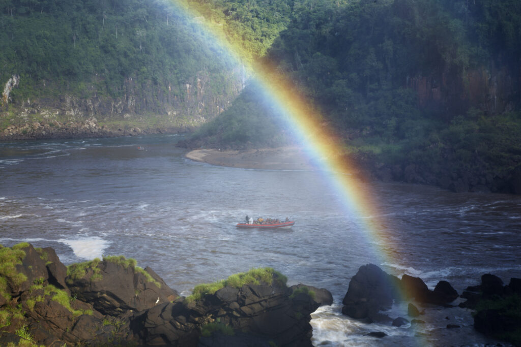 Argentina, Misiones, Iguazu National Park. Rainbow near the impressive Iguazu waterfalls - A world heritage site.