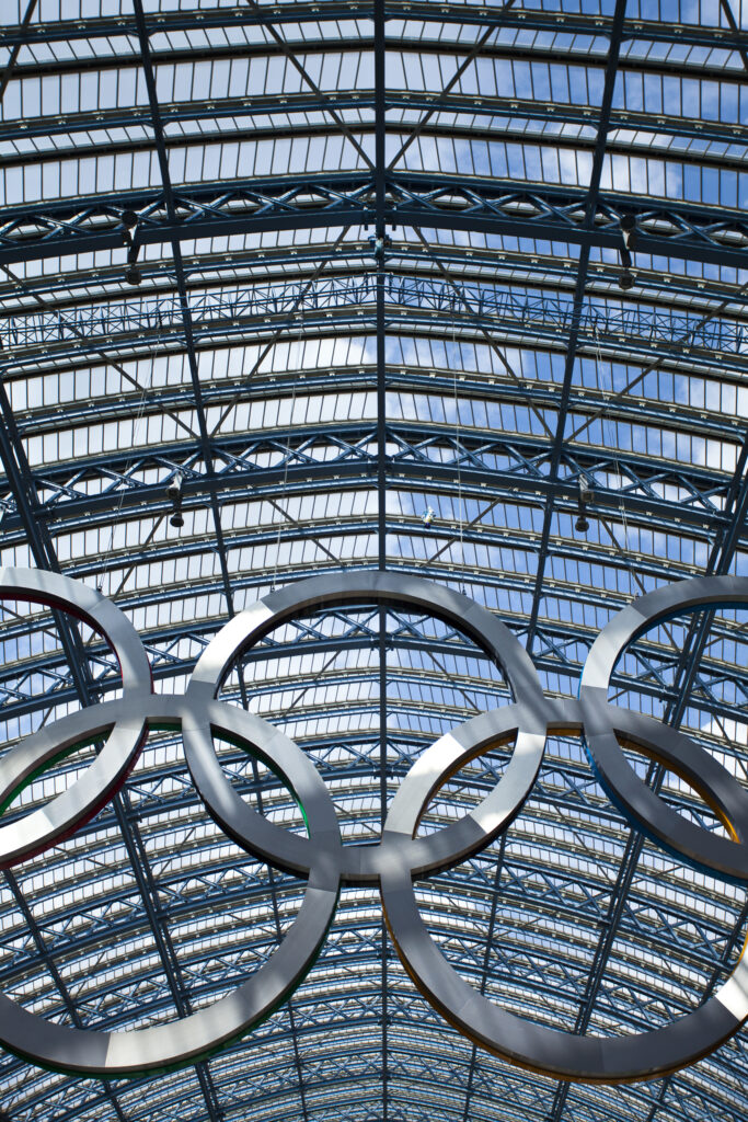 England, Greater London, London Borough of Camden. Olympic sign celebrating the 2012 London Olympics on display in the London St Pancras Internationa railway station near King's Cross.