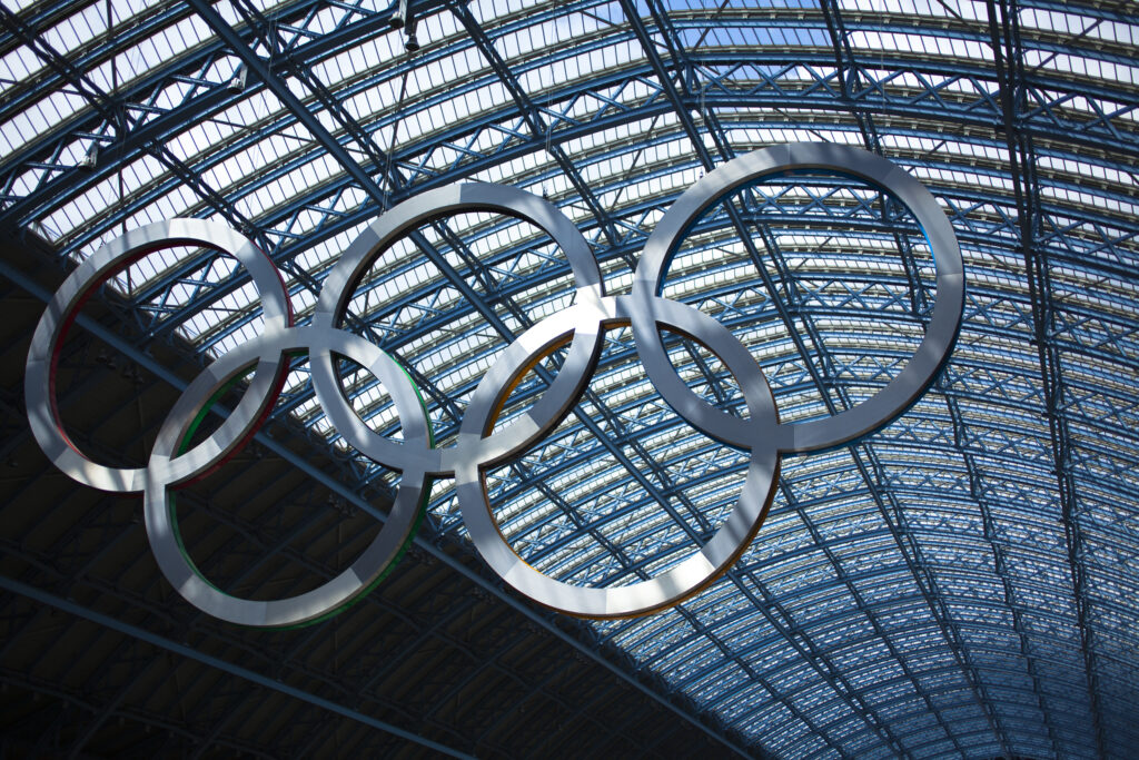 England, Greater London, London Borough of Camden. Olympic sign celebrating the 2012 London Olympics on display in the London St Pancras Internationa railway station near King's Cross.