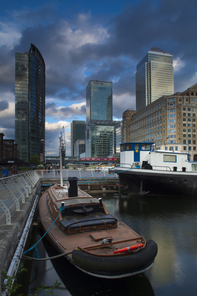 England, London, Docklands, West India Quay. One Canada Square, one of the UK's tallest buildings behind West India Quay, in the heart of Canary Wharf.
