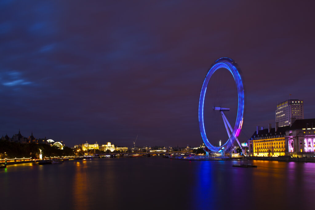 England, Greater London, London Borough of Lambeth. The London Eye (also known as the Millennium Wheel), the tallest Ferris wheel in Europe located on the south bank of the River Thames.