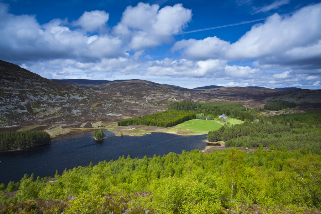 Scotland, Scottish Highlands, Cairngorms National Park. View from near Kingussie looking accross Loch Gynack towards the Monadhliath Mountain Range.
