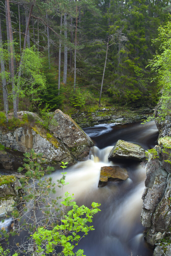 Scotland, Scottish Highlands, Laggan. Waterfalls on the River Pattack near Loch Laggan.