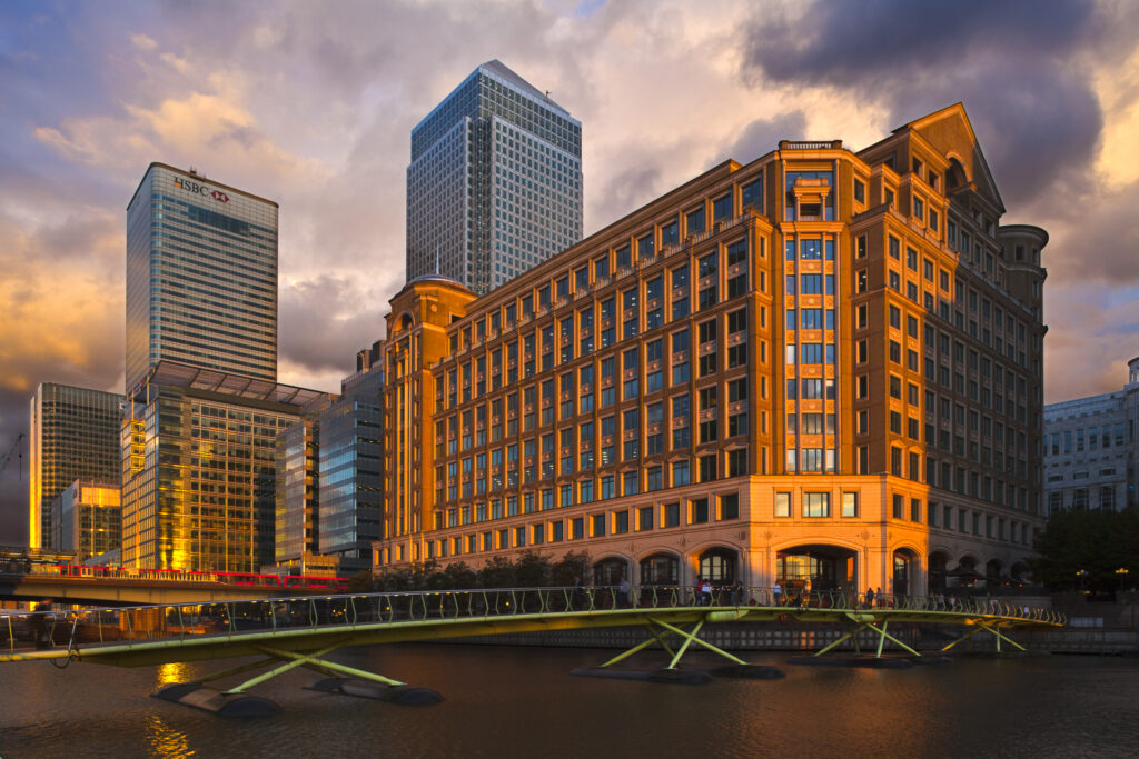 England, London, Docklands, West India Quay. One Canada Square, on the UK's tallest buildings behind West India Quay, in the heart of Canary Wharf.