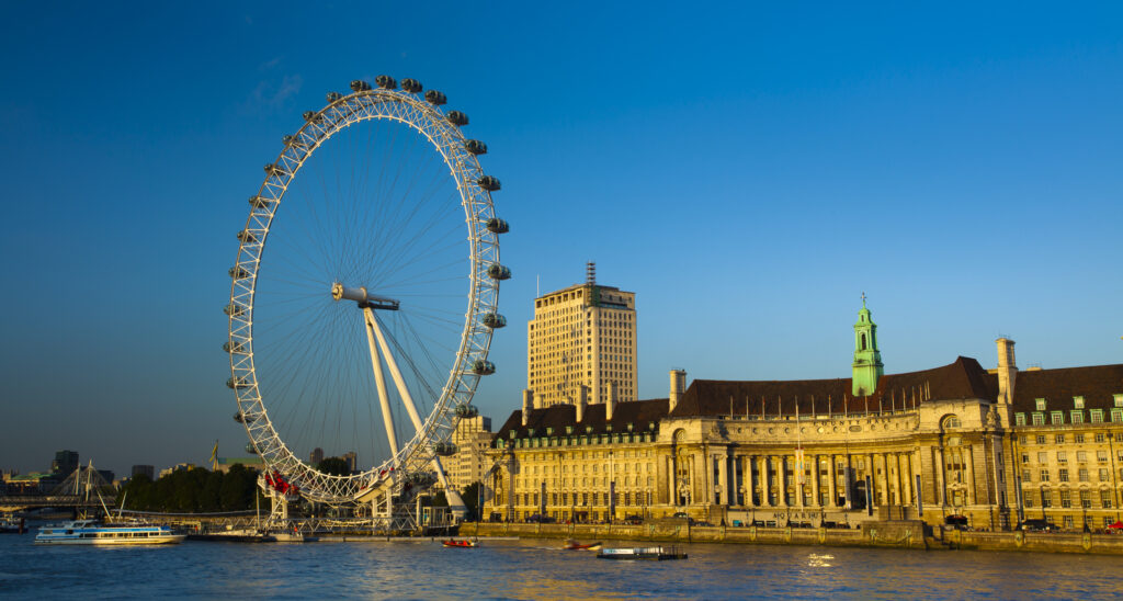 England, Greater London, London Borough of Lambeth. The London Eye (also known as the Millennium Wheel), the tallest Ferris wheel in Europe located on the south bank of the River Thames.