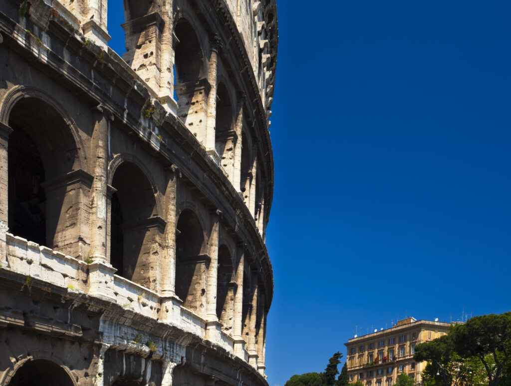Italy, Lazio, Rome. The Colosseum or Roman Coliseum, originally the Flavian Amphitheatre