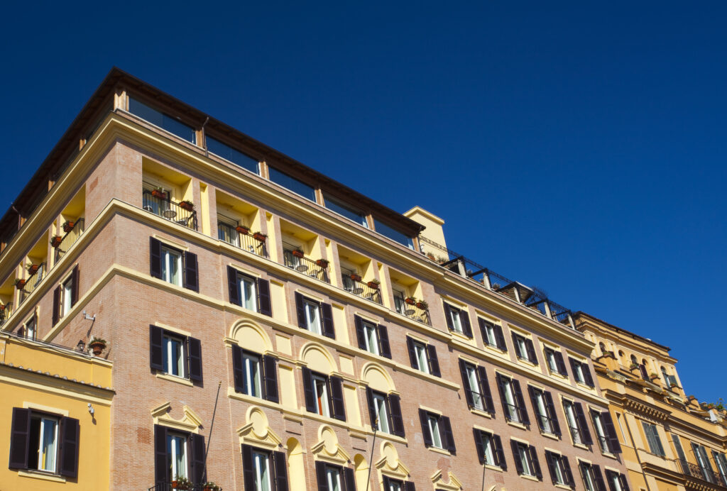 Italy, Lazio, Rome. Typical Rome architecture of a hotel located near the 'Spanish Steps' in Rome.