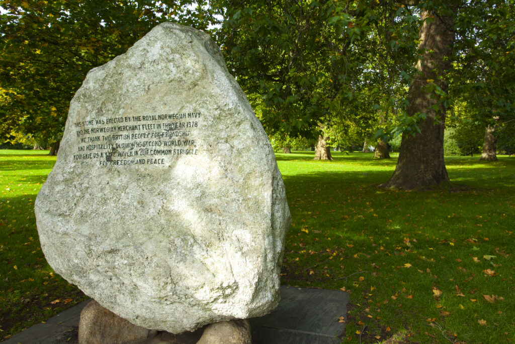 England, Greater London, City of Westminster. Memorial stone located in Hyde Park (Royal Garden), London, during Fall.