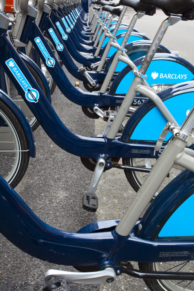 England, Greater London, City of Westminster. London Barclays Cycle Hire docking station located near the Theatre Royal Haymarket in the city of London. The London Cycle Hire scheme has been nicknamed 'Boris Bikes' after the present mayor, Boris Johnson, who introduced the scheme.