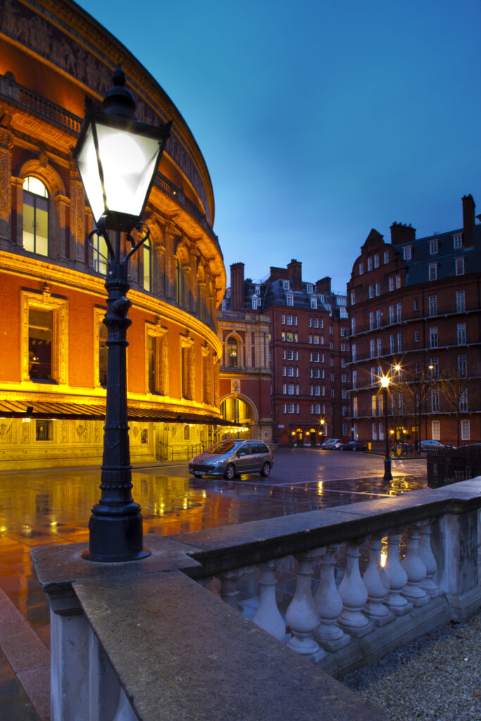 England, London, The Royal Borough of Kensington and Chelsea, The Royal Albert Hall. Ornate street lamp outside the Royal Albert Hall.