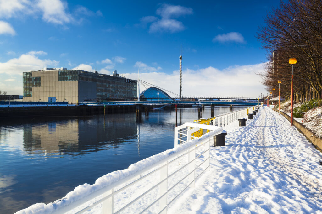 Scotland, Glasgow, Glasgow City. Glasgow's BBC Television Centre, and the Clyde Quayside redevelopment area.